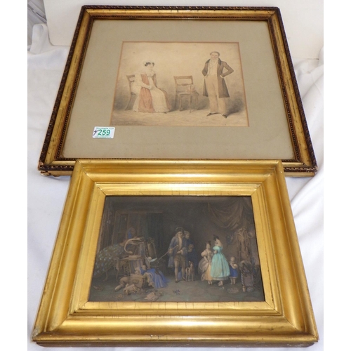 259 - A watercolour of a 19thC couple signed Robt Cruickshank 1826 together with a interior scene mezzotin... 