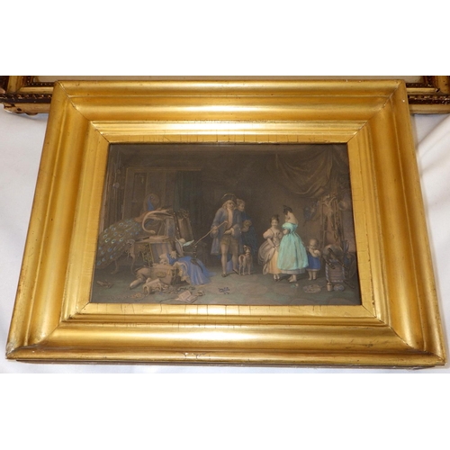 259 - A watercolour of a 19thC couple signed Robt Cruickshank 1826 together with a interior scene mezzotin... 