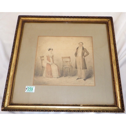 259 - A watercolour of a 19thC couple signed Robt Cruickshank 1826 together with a interior scene mezzotin... 