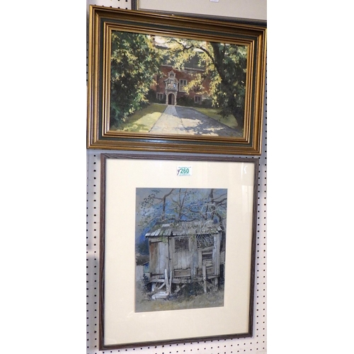 260 - John S. Sellers The Kings Manor York oil on canvas together with a watercolour of a ramshackle hen-h... 