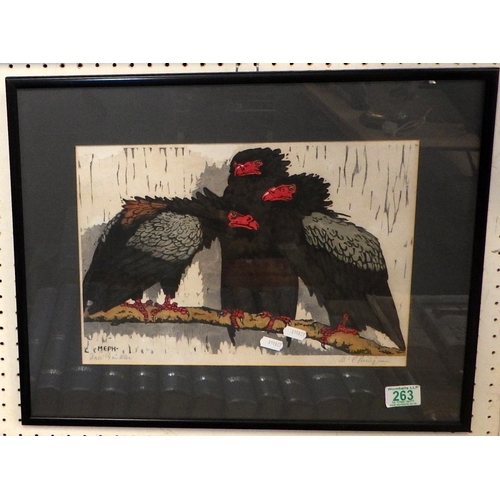 263 - A picture of three vultures signed 'MEPH' together with another picture (2)