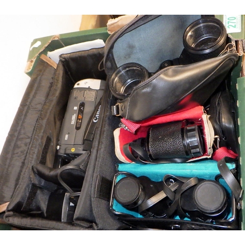 270 - A group of various binoculars and a Cannon video camcorder