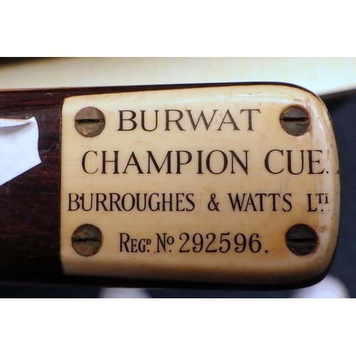 280 - A Burwat Campion snooker cue, Burroughs & Watts, with rusted metal case