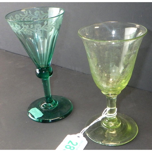 285 - Two 19th century green coloured etched wine glasses