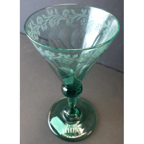 285 - Two 19th century green coloured etched wine glasses