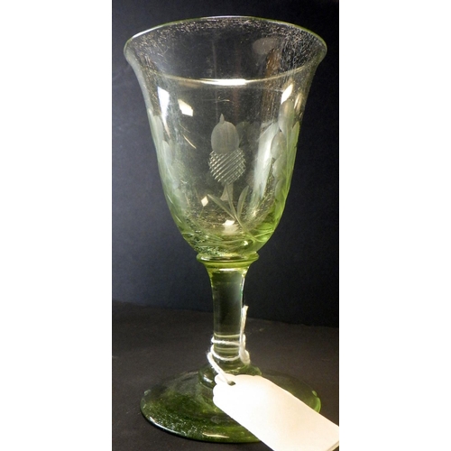 285 - Two 19th century green coloured etched wine glasses