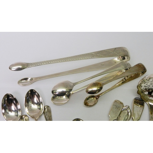 11 - A George III bright cut sugar tongs, Benjamin Montigue / Mordecai c1790; six matching rat tailed sil... 