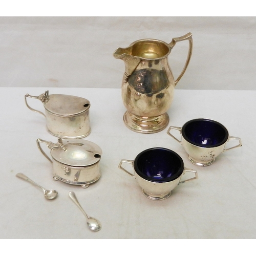 14 - Silver: a cream jug, 110mm tall, a/f bruised; a pair of two-handled salts; two mustard pots; etc.  3... 