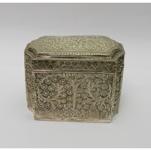 19 - A repousse box of Indo-Persian design, unmarked white metal.  68 x 90 x 57mm.