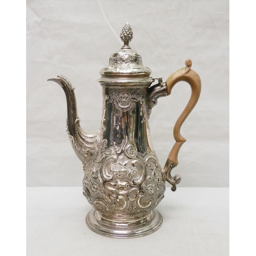 24 - A George II coffee pot of baluster form, chased and repousse decoration, John Langlands I, Newcastle... 