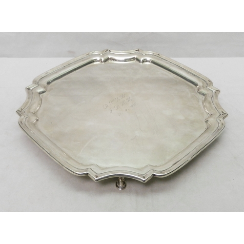 26 - A silver waiter of square form, presentation engraving to centre, 20th cent.  267mm square / 680g.