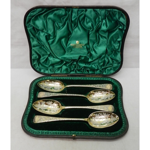 6 - A cased matched set of four George IV silver table spoons, London 1827 & 1828, later gilding and eng... 