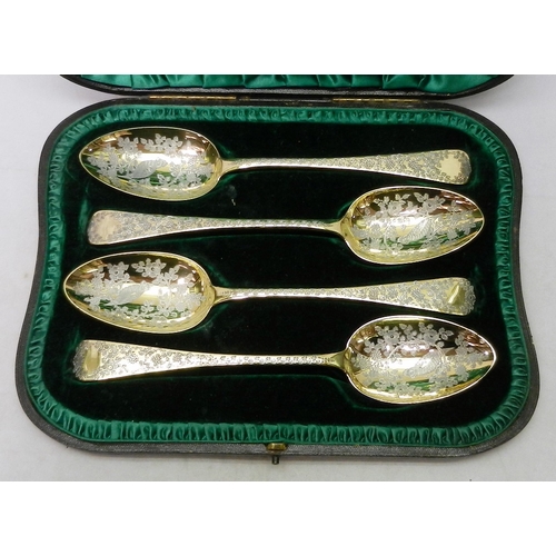 6 - A cased matched set of four George IV silver table spoons, London 1827 & 1828, later gilding and eng... 