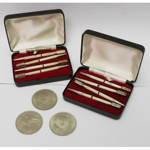 76 - Two cased sets of four bridge marker pencils, white metal marked Sterling; three commemorative coins... 