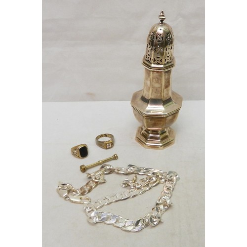 73 - A silver sugar caster, a/f, 165mm tall / 80g;  a curb link neck chain, believed plated base metal, m... 