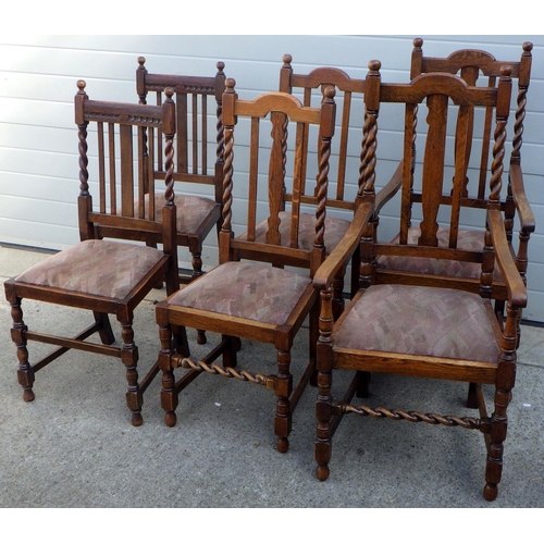 828 - A pair of 1930's barleytwist oak carver chairs together with two matching single chairs and two furt... 