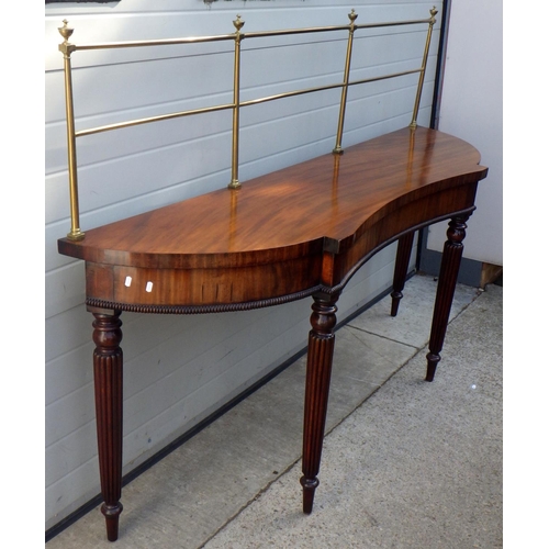 831 - A 19th cen mahogany serving table with brass gallery on reeded legs, some restoration, 199cm wide