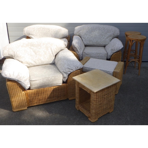 834 - A wicker six piece conservatory suite together with two stools (8)