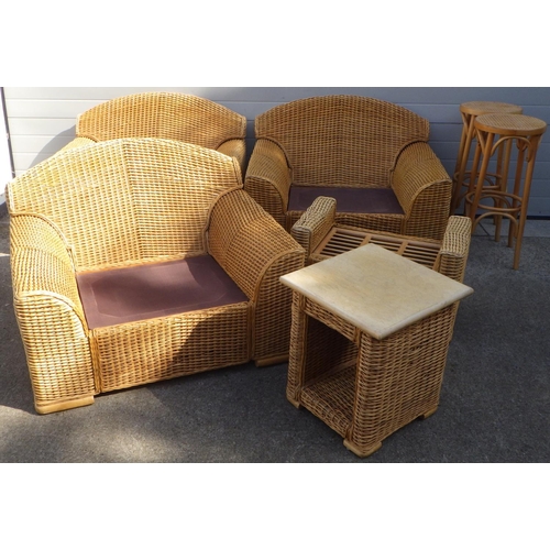 834 - A wicker six piece conservatory suite together with two stools (8)