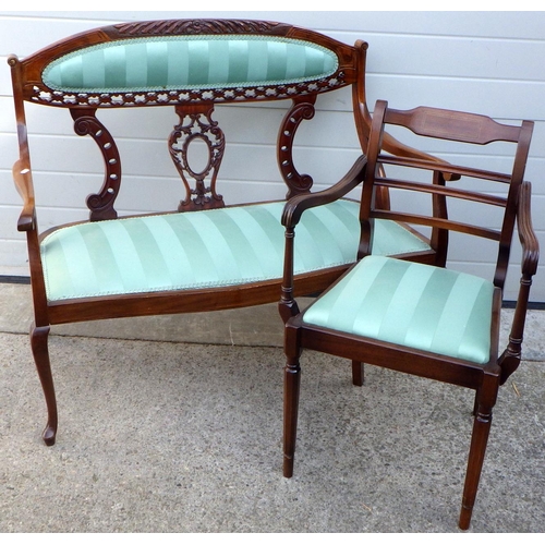 835 - An Edwardian salon settee, repaired, together with a Strongbow dining chair (2)