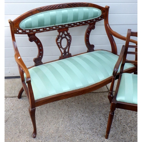 835 - An Edwardian salon settee, repaired, together with a Strongbow dining chair (2)