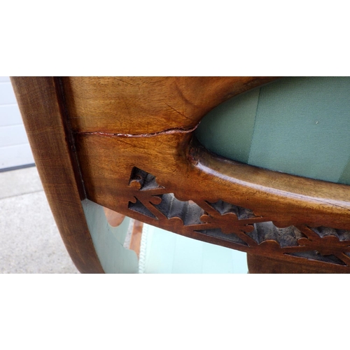 835 - An Edwardian salon settee, repaired, together with a Strongbow dining chair (2)