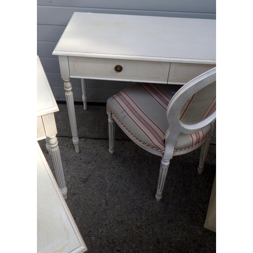 838 - A cream painted dressing table with pair of bedside tables and chair, together with a pair of cream ... 