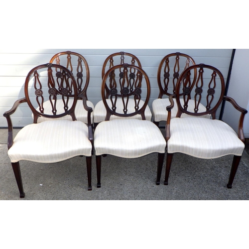 839 - A set of six Edwardian mahogany dining chairs incl pair of carvers with overstuffed seats