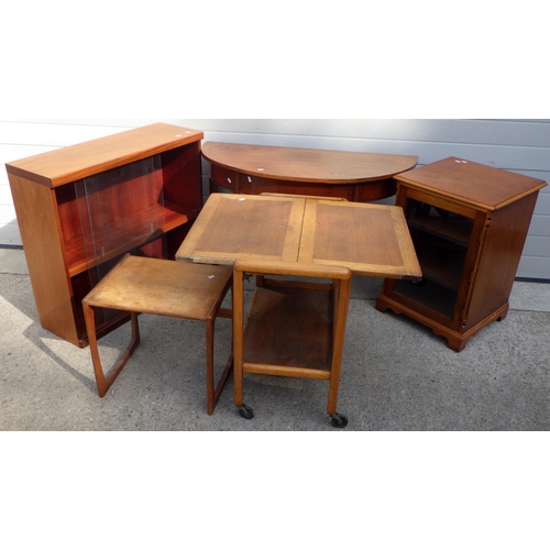 848 - A 19th cen mahogany demi-lune side table, oak/ply trolley, sliding door cabinet, low cabinet and occ... 