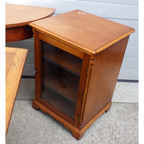 848 - A 19th cen mahogany demi-lune side table, oak/ply trolley, sliding door cabinet, low cabinet and occ... 