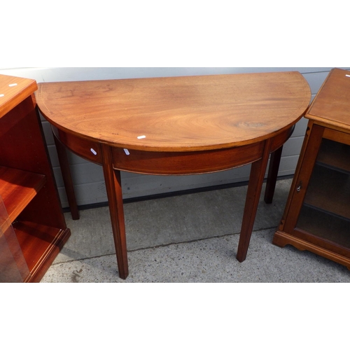 848 - A 19th cen mahogany demi-lune side table, oak/ply trolley, sliding door cabinet, low cabinet and occ... 