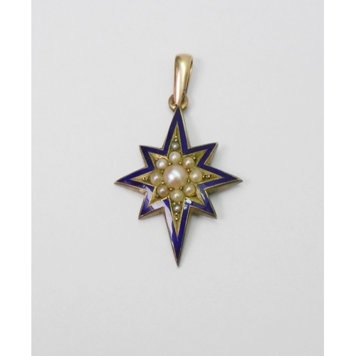 30 - A star burst pendant blue enamel and pearls in an unmarked yellow metal setting, 38mm drop incl susp... 