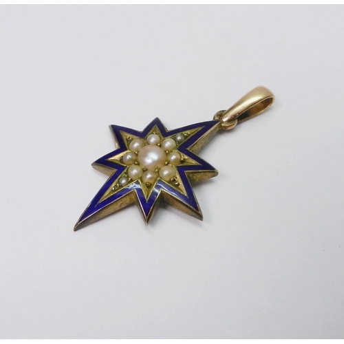 30 - A star burst pendant blue enamel and pearls in an unmarked yellow metal setting, 38mm drop incl susp... 