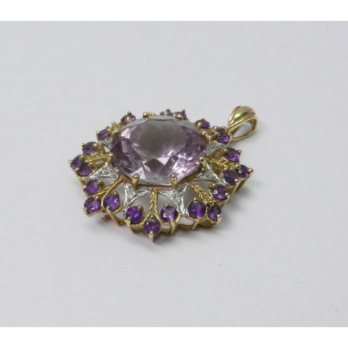 58 - A pendant of star-burst design comprising synthetic amethyst stones in a 9ct gold mount.  A/F stones... 