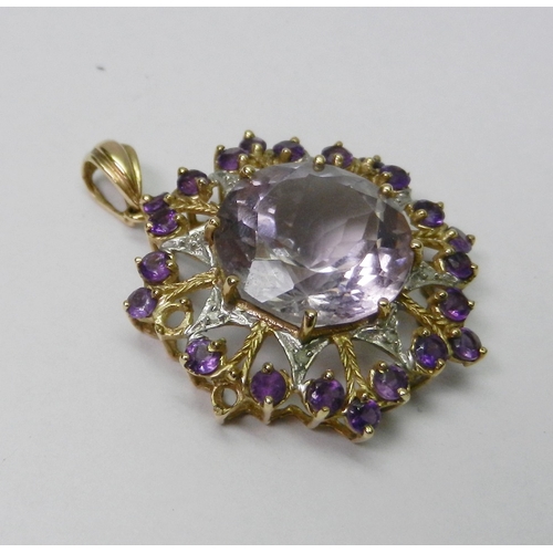 58 - A pendant of star-burst design comprising synthetic amethyst stones in a 9ct gold mount.  A/F stones... 