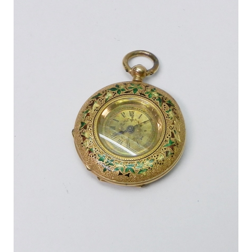 83 - A fob watch comprising a Stauffer style key-wind cylinder escapement movement within a yellow metal ... 