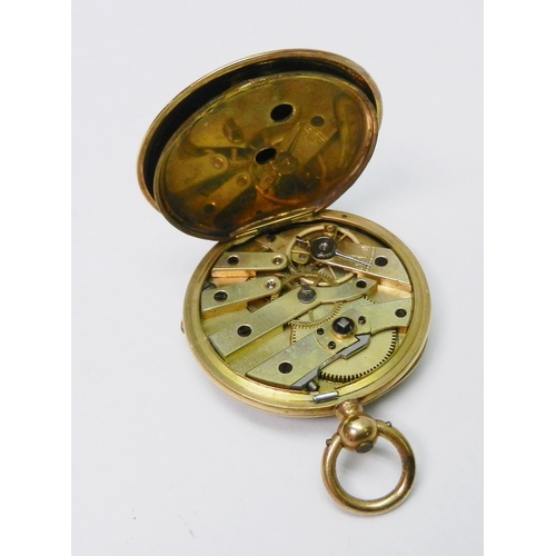 83 - A fob watch comprising a Stauffer style key-wind cylinder escapement movement within a yellow metal ... 