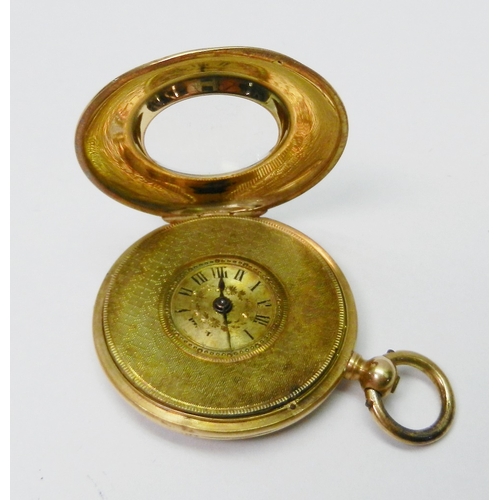 83 - A fob watch comprising a Stauffer style key-wind cylinder escapement movement within a yellow metal ... 