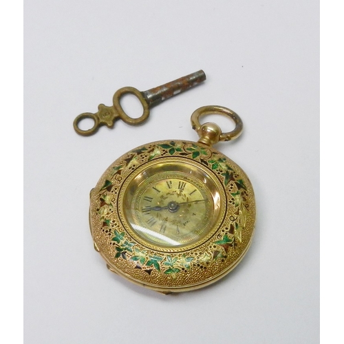 83 - A fob watch comprising a Stauffer style key-wind cylinder escapement movement within a yellow metal ... 