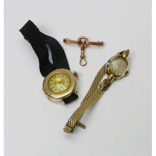 84 - A 9ct gold cased ladies wire-lug wrist watch c1920s; a ladies Tudor gold plated wristwatch on a gold... 