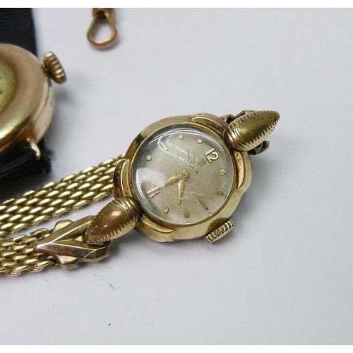 84 - A 9ct gold cased ladies wire-lug wrist watch c1920s; a ladies Tudor gold plated wristwatch on a gold... 