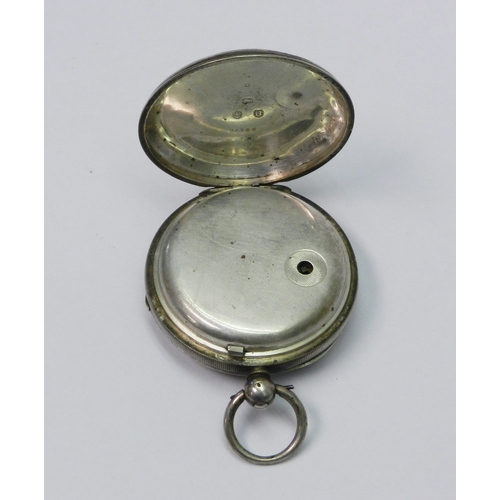 91 - A silver cased pocket watch having a key wind lever movement.  52mm across