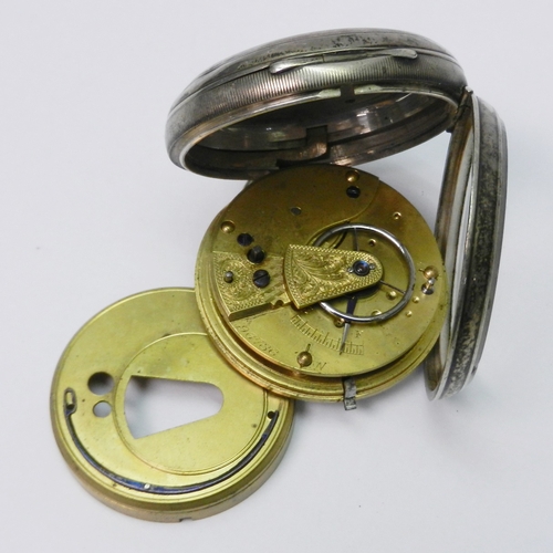 91 - A silver cased pocket watch having a key wind lever movement.  52mm across