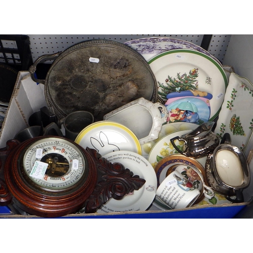 449 - A qty of various cabinet plates, misc ceramics etc together with a a carved oak barometer (3)