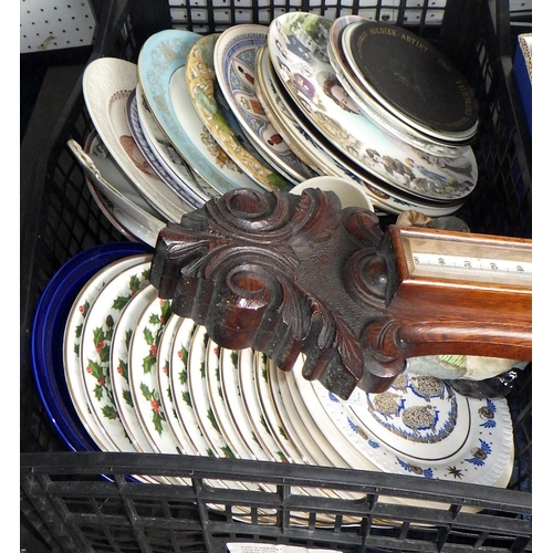 449 - A qty of various cabinet plates, misc ceramics etc together with a a carved oak barometer (3)