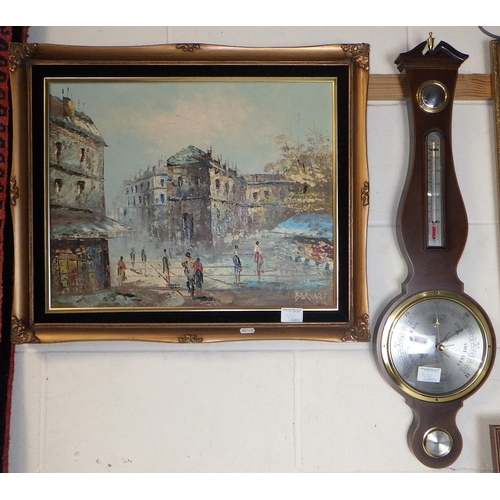 451 - A large qty of misc pictures and prints to inc Bernard oil on canvas, mahogany banjo barometer etc