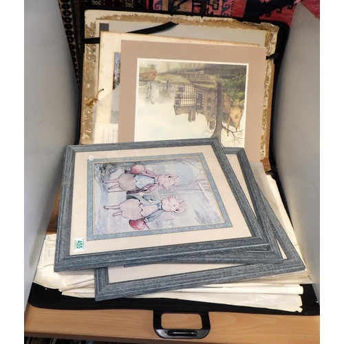 455 - A large qty of misc unframed pictures and prints together with three Beatrix Potter framed prints