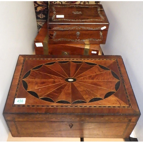 456 - A large inlaid 19thC writing box together with a further brass bound writing box and a mother of pea... 