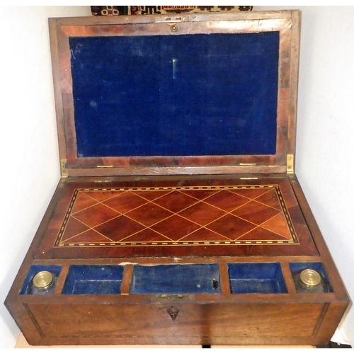 456 - A large inlaid 19thC writing box together with a further brass bound writing box and a mother of pea... 