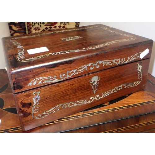 456 - A large inlaid 19thC writing box together with a further brass bound writing box and a mother of pea... 